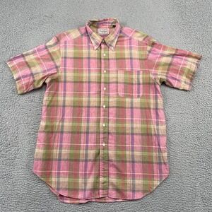 Paul Stuart Button Down Shirt Mens Large Pink Plaid Short Sleeve Cotton Casual